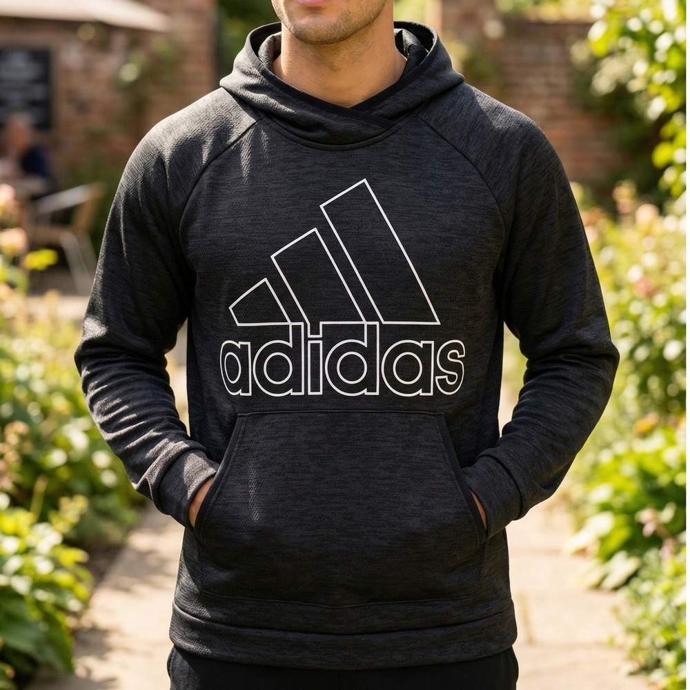 Adidas Mens Climalite Pullover Hoodie Black White Logo Graphic Sweatshirt L